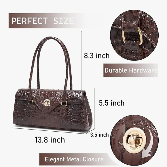 Dark Brown Crocodile Textured Shoulder Bag with Structured Design - Picture 3 of 7